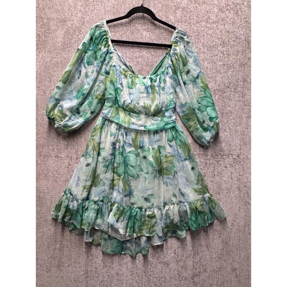 Olia Floral Cottagecore Mini Dress Puff Sleeve Tie Back Green XL